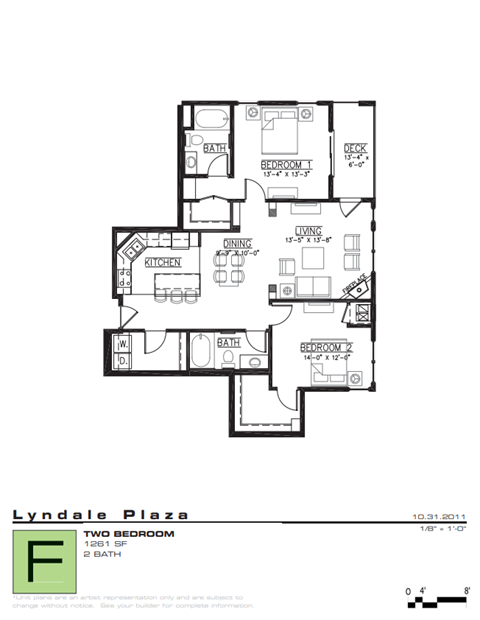 Floor plan for 2 beds, 2 baths, 1261 sqft